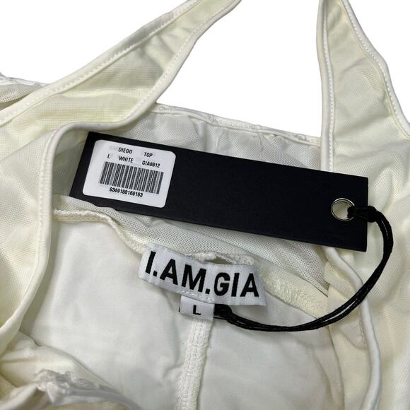 I.AM.GIA Diego Ruched Cold Shoulder Halter Mesh Top NEW White Womens L Large - Picture 8 of 10